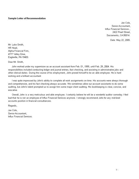 Sample recommendation letter for accounting employee from .